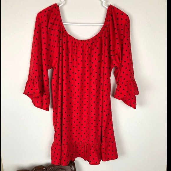 PEACH LOVE RED POLKA DOT TUNIC TOP RUFFLES - Picture 5 of 6
